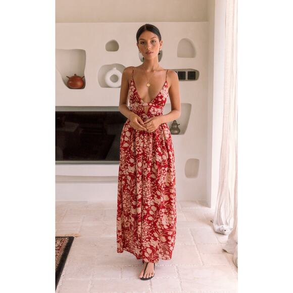FORTUNATE ONE Explore The Colours Maxi Dress Red Tan Women's Size 6 Halter Glam - Picture 1 of 14